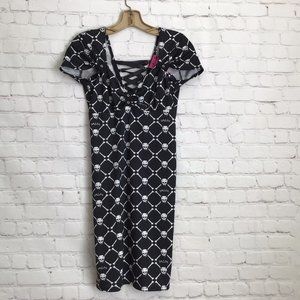 Demi Loon Back Lacing Skull Dress Medium Black White Fitted V Neck New with Tags